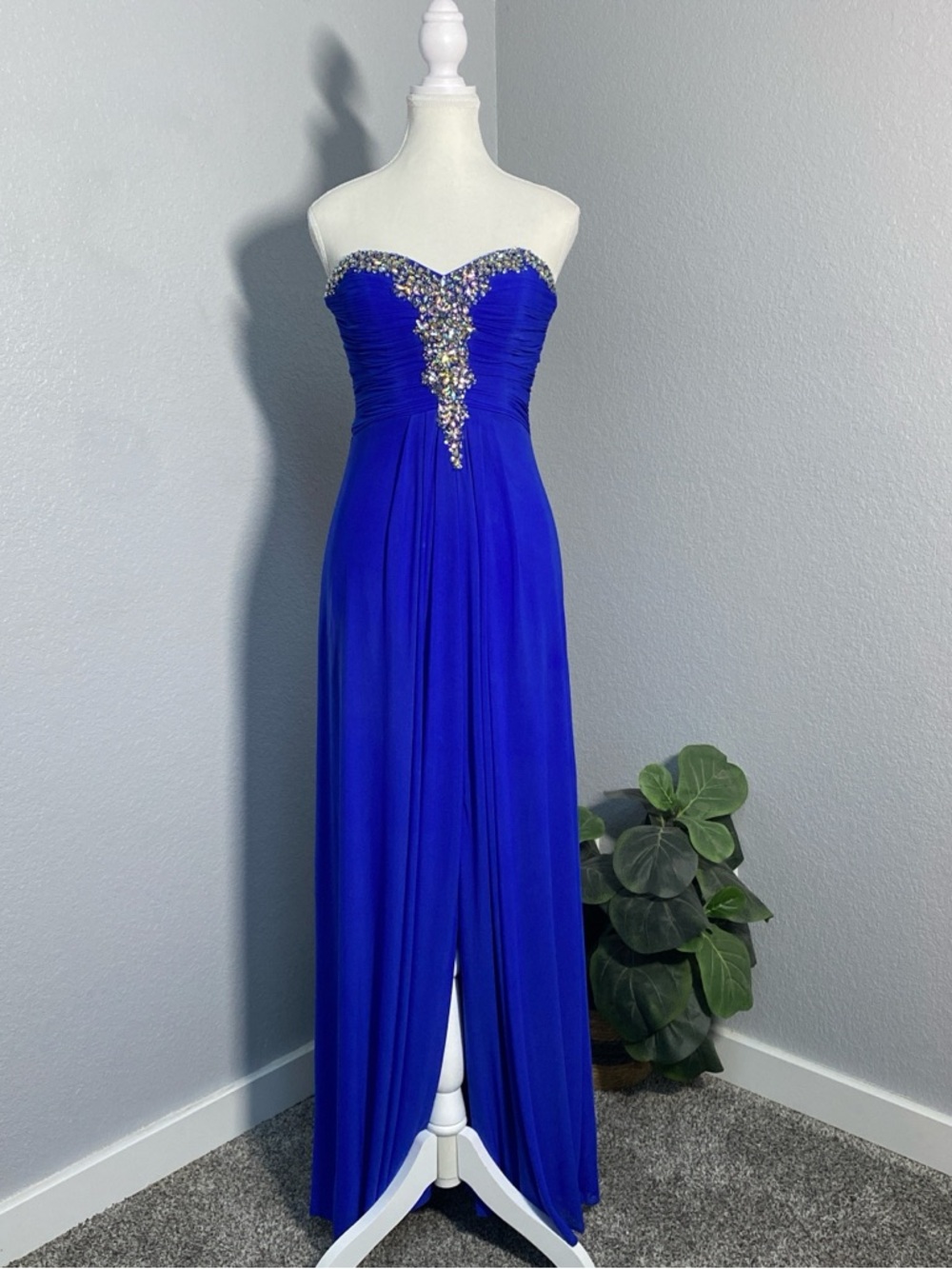 BLONDIE NITES ROYAL BLUE JEWELED FRONT SLIT GOWN PROM DRESS HOCO FAIRYCORE Y2K
